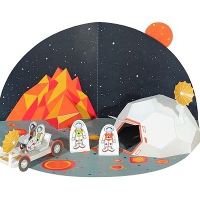 Cenário 3D espacial com astronautas, veículo e crateras lunares coloridas