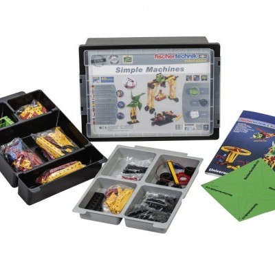 Conjunto educacional fischer technik Simple Machines com peças plásticas organizadas em caixa preta