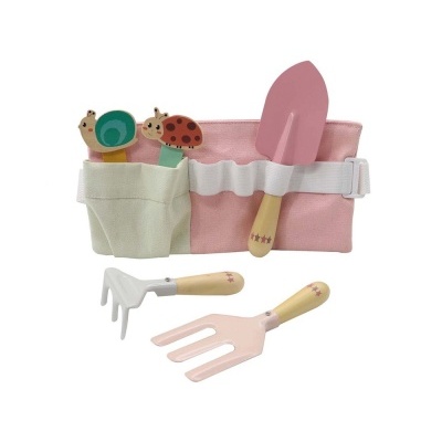 Kit de jardinagem infantil com ferramentas rosas e brancas e bolsa de tecido.