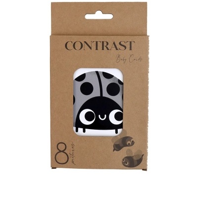 Embalagem de cartões para bebés com ilustração de joaninha em preto e branco