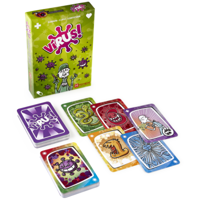 Caixa e cartas do jogo Virus! com desenhos coloridos de vírus e personagens em fundo branco