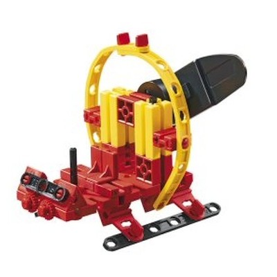 Brinquedo de blocos de montar vermelho, amarelo e preto com alça amarela