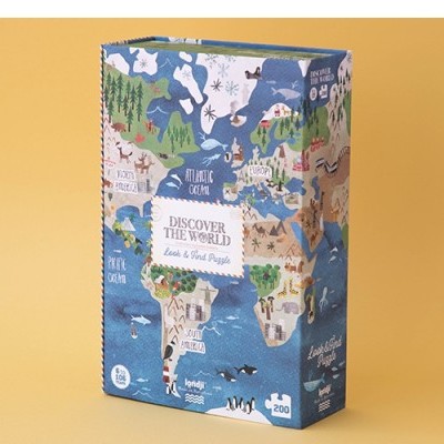 Caixa de puzzle com mapa-múndi colorido e texto Discover The World