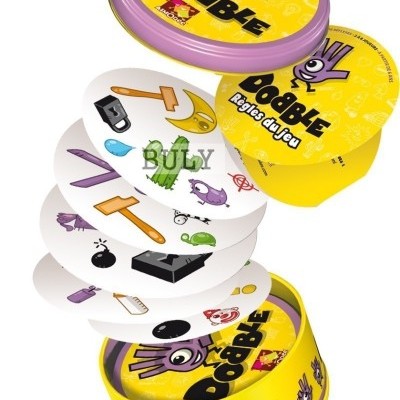 Jogo de cartas Dobble com lata amarela e lilás e cartas redondas coloridas