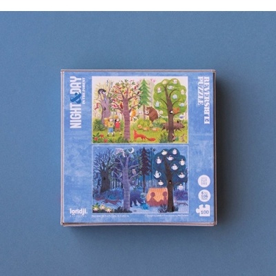 Caixa azul de quebra-cabeças com imagens de dia e noite e texto