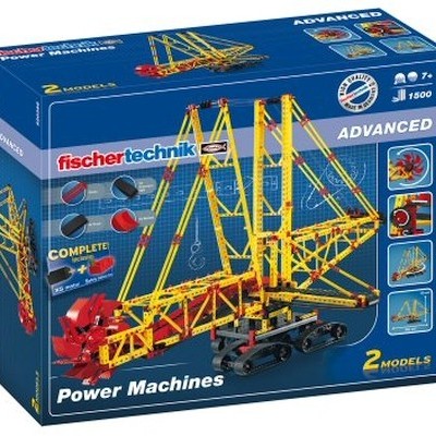 Caixa do conjunto de construção fischertechnik Power Machines com modelo amarelo, vermelho e preto na frente