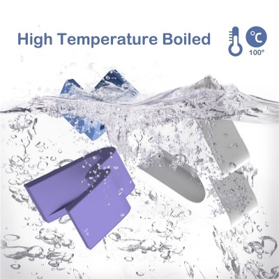 Objetos quadrados coloridos submersos em água com texto 'High Temperature Boiled' e termómetro 100° C