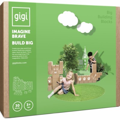 Caixa de brinquedo de blocos de construção gigi, caixa verde com imagens de crianças a brincar e texto promocional