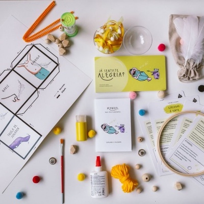 Kit artesanal com fichas ilustradas, fios, agulhas, cola e materiais de costura sobre superfície branca