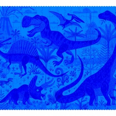 Tapete azul com padrão de dinossauros e plantas