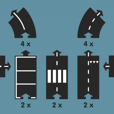 Peças de pista de brinquedo para carros, plásticas pretas com desenhos brancos e quantidades