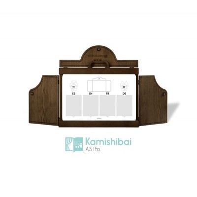 Teatro Kamishibai A3 Pro em madeira castanha com portas duplas abertas