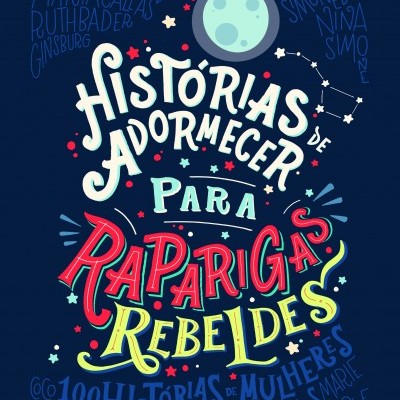 Capa de livro colorida com texto e ilustrações de lua e estrelas sobre fundo azul escuro