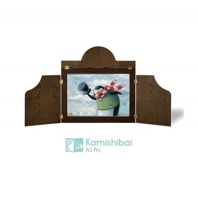 Teatro de madeira Kamishibai A3 Pro com ilustração central colorida e três painéis dobráveis
