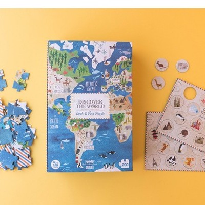 Quebra-cabeças e material educativo com tema de mapa sobre fundo amarelo