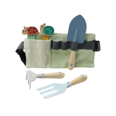 Ferramentas de jardinagem infantis com cinto e marcadores de plantas com joaninha e caracol