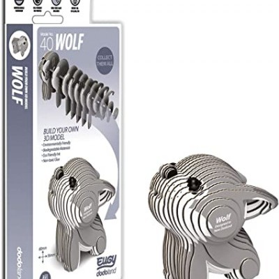 Modelo 3D de lobo em cartão cinzento com 40 peças e embalagem