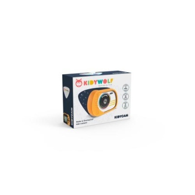 Embalagem branca e azul escuro de câmara para crianças amarela e branca da marca KIDYWOLF
