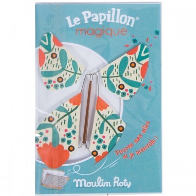 Embalagem azul com borboleta de papel floral e texto em francês