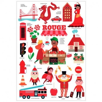 Cartaz colorido com ilustrações de objetos e personagens vermelhos