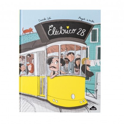 Capa de livro ilustrado com elétrico amarelo 28 e passageiros