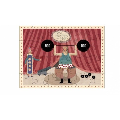 Puzzle ilustrando um levantador de pesos no circo com pesos 500 e fundo de cortinas vermelhas.
