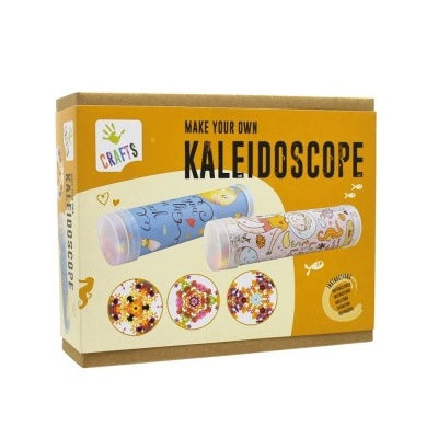 Kit para fazer caleidoscópio com caixa amarela e caleidoscópios decorados