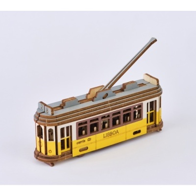 Miniatura de elétrico amarelo e cinza com haste metálica