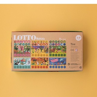 Caixa de jogo LOTTO hidrófola com ilustrações coloridas sobre fundo amarelo