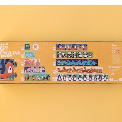 Embalagem de brinquedo de madeira com tema de pinguins e texto '10 PENGUINS to puzzle'.