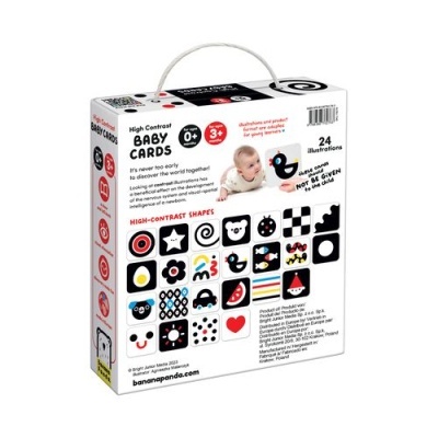 Caixa branca de cartões de alto contraste para bebés com várias ilustrações em preto, branco e vermelho