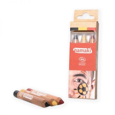 Lápis de maquilhagem facial Namaki em madeira clara com embalagem vermelha e branca