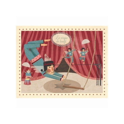 Ilustração de circo vintage com artista azul a saltar para trapézio e pequenos artistas com guarda-chuvas