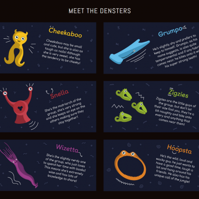 Ilustração de seis personagens fictícios com descrições em inglês em fundo azul escuro