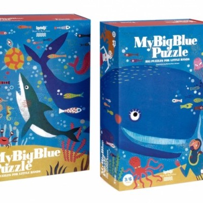 Caixas de puzzles com imagens de animais marinhos, tubarão e baleia azul, em azul e vermelho