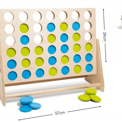Jogo de tabuleiro em madeira com fichas azuis e verdes e saco de algodão incluído.