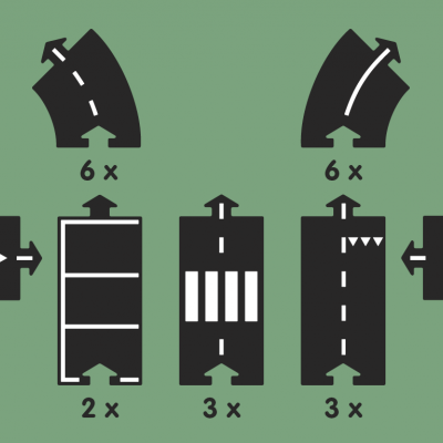 Peças de estrada em preto com símbolos brancos sobre fundo verde.