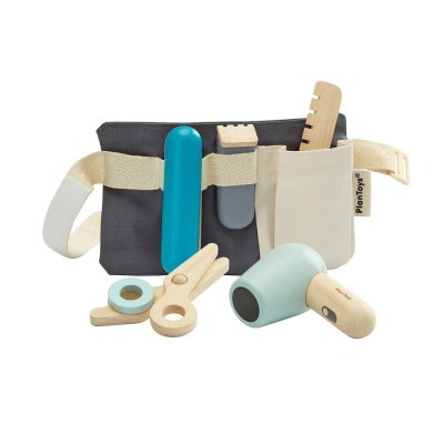 Conjunto de brinquedos de salão de beleza de madeira e tecido com estojo cinza e bege