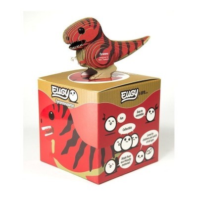 Figura de dinossauro vermelho e preto sobre caixa vermelha com ilustrações e texto em inglês