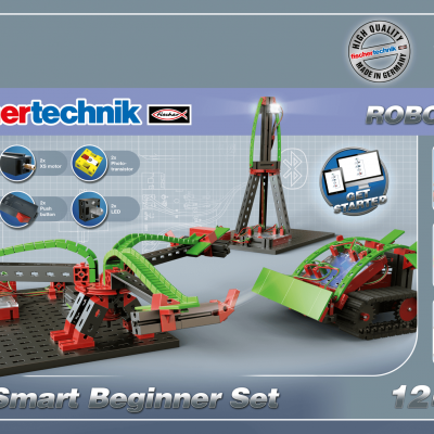 Caixa do set fischertechnik Robotics BT Smart Beginner Set com modelos montados em verde, vermelho e preto.