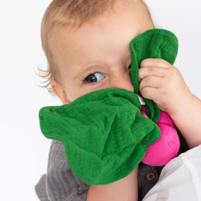 Bebé com brinquedo de tecido verde e borracha rosa