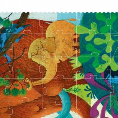 Puzzle incompleto com ilustração de criatura laranja entre folhas coloridas