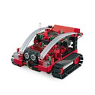 Brinquedo robótico vermelho com esteiras e tubos transparentes