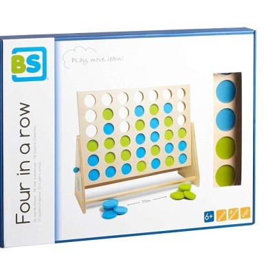 Jogo Four in a Row com tabuleiro de madeira e fichas azuis e verdes