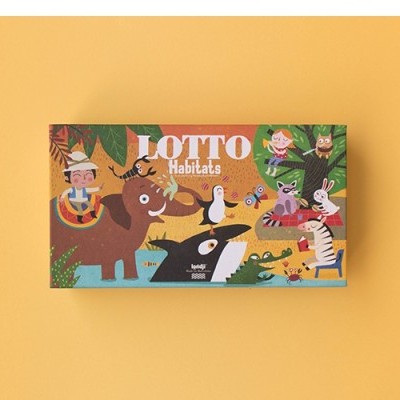 Jogo Lotto Habitats com ilustrações de animais e personagens numa caixa