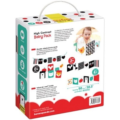 Embalagem com asa de produto para bebé High Contrast Baby Pack com cartas e livros coloridos em padrões altos de contraste.