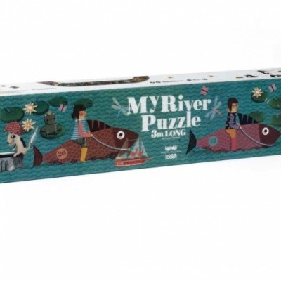 Embalagem retangular de puzzle MYRiver Puzzle com ilustrações de barcos e pessoas