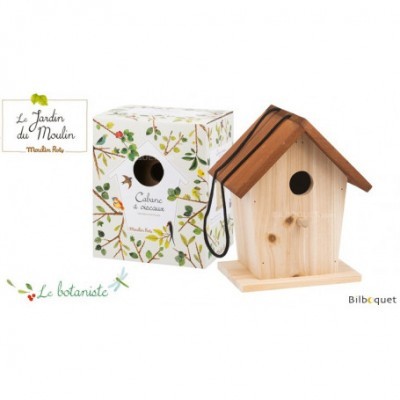 Casa para pássaros em madeira com telhado marrom e embalagem decorada