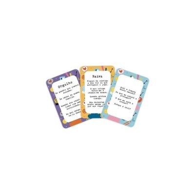 Três cartas coloridas com textos em português e padrões nas bordas