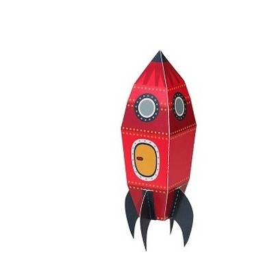 Foguetão de papel vermelho, preto e amarelo com detalhes cinzentos e costura branca